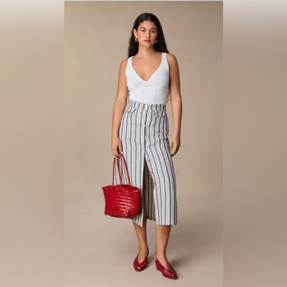Rouje Striped Midi Skirt in White and Navy